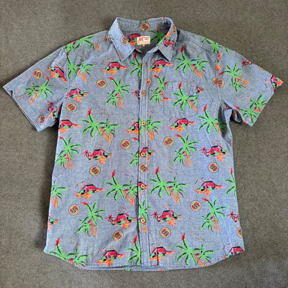 Lost At Sea Button Down Shirt Mens XL Blue Tropical Palm Tree Excellent Surf